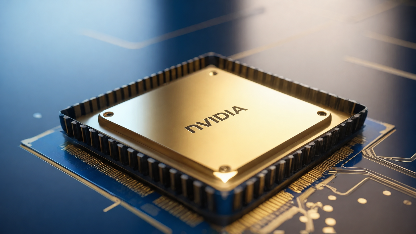 A gold NVIDIA-branded processor package on a blue circuit board.