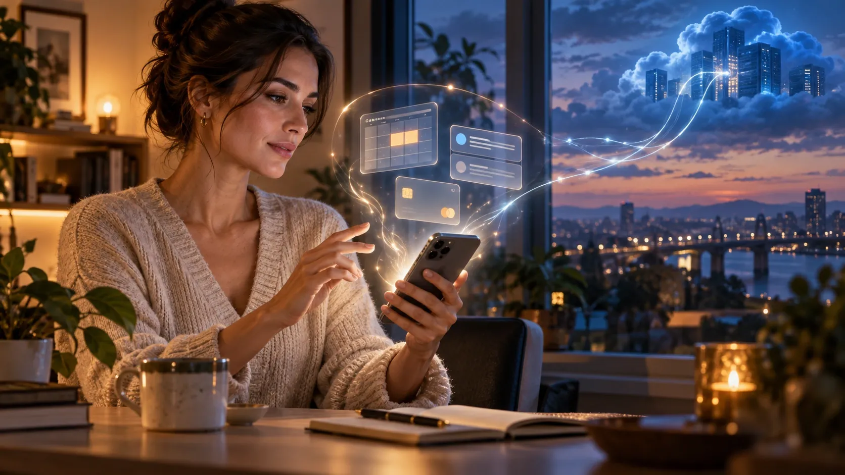 A woman considers the boundary between personal AI assistance on her phone and private information flowing to cloud services.