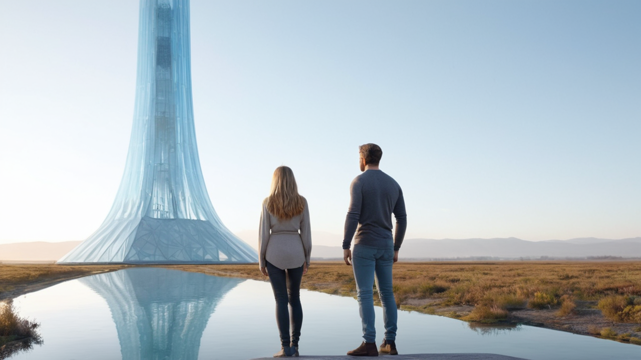 Two people stand beside a reflective pool facing a transparent tower.