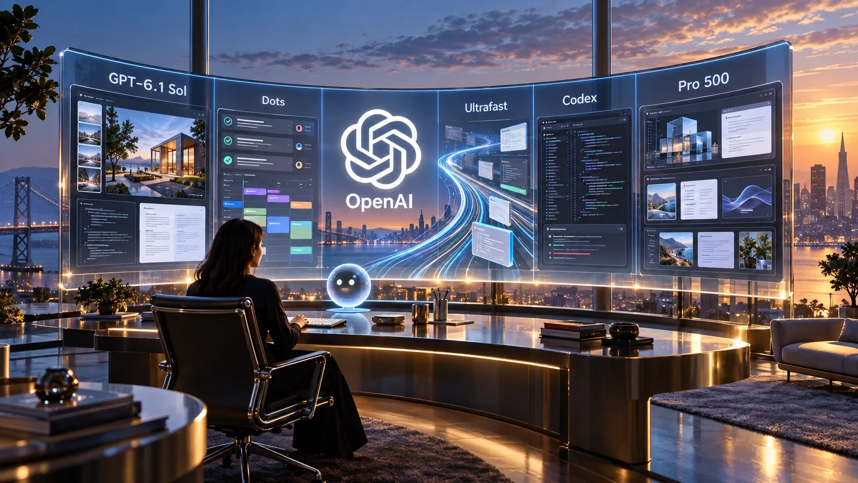 Conceptual OpenAI workspace overlooking San Francisco, with a developer coordinating Sol, Dots, Ultrafast, Codex, and Pro 500.