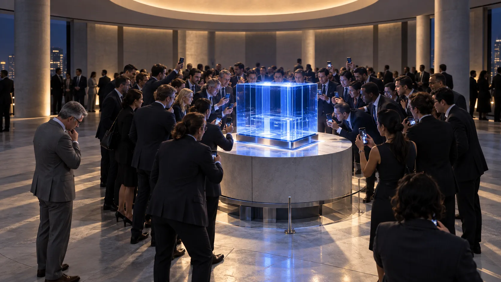 Investors crowd around a luminous cobalt-glass object while one analyst studies its structural base from the perimeter.