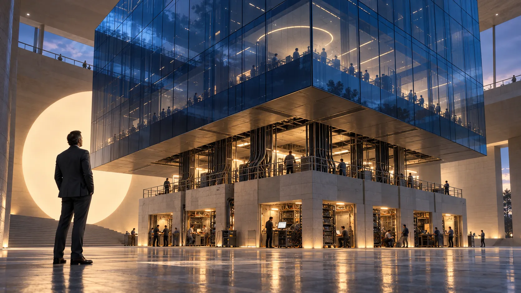 A monumental cobalt-glass software crown rises above a narrow, human-operated delivery base in a twilight atrium.