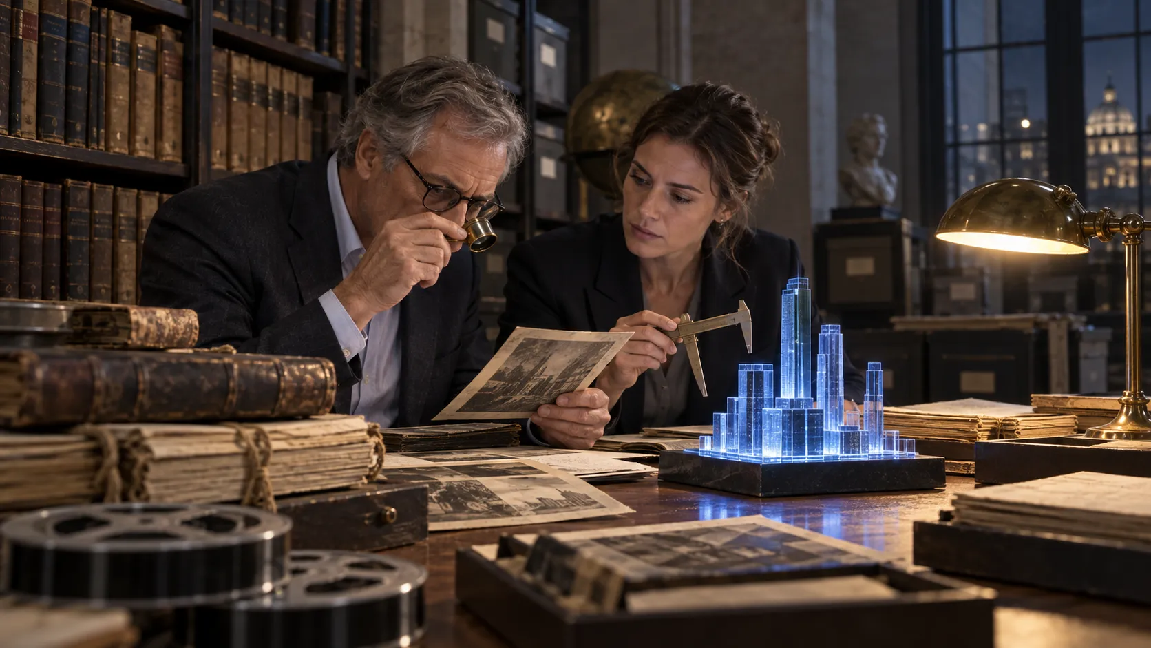 Two analysts compare archival financial evidence with a luminous glass valuation model under warm reading lamps.
