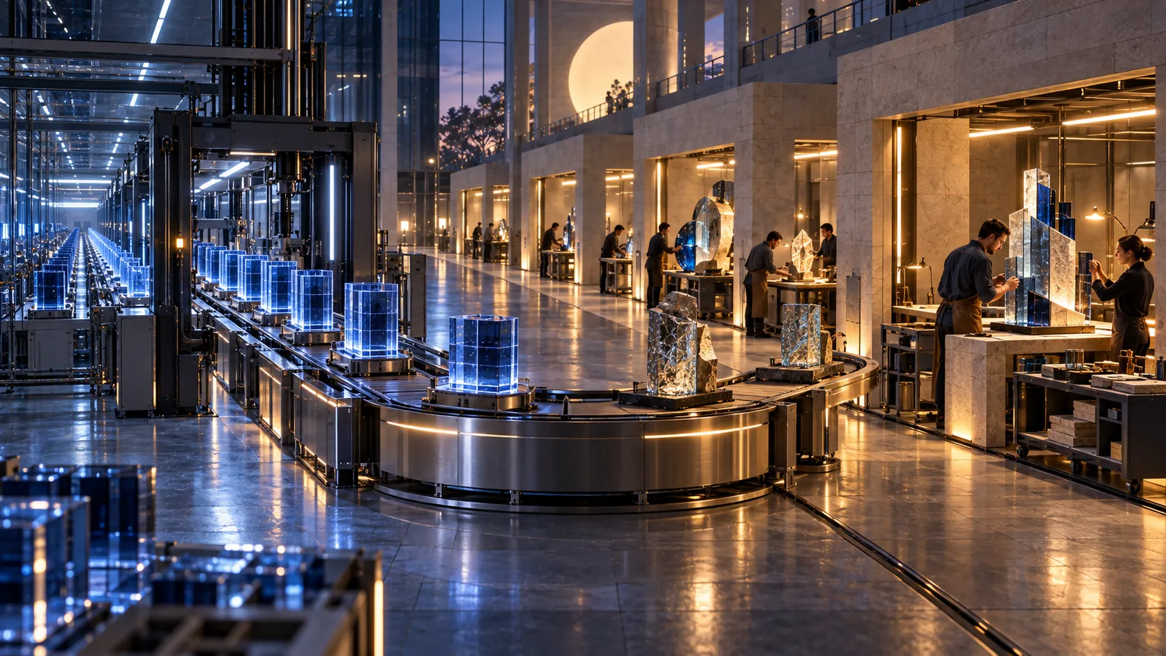 An automated line replicates cobalt-glass software modules while human teams tailor distinct client installations in warm-lit service bays.