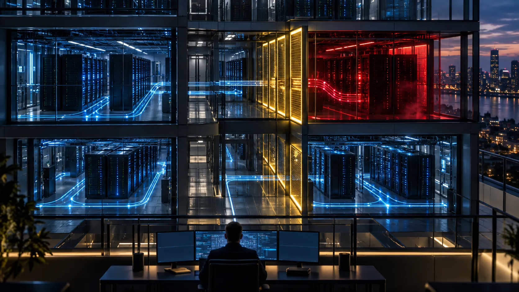 Editorial illustration of an isolated compromised server compartment behind amber segmentation gates while adjacent blue systems remain operational.
