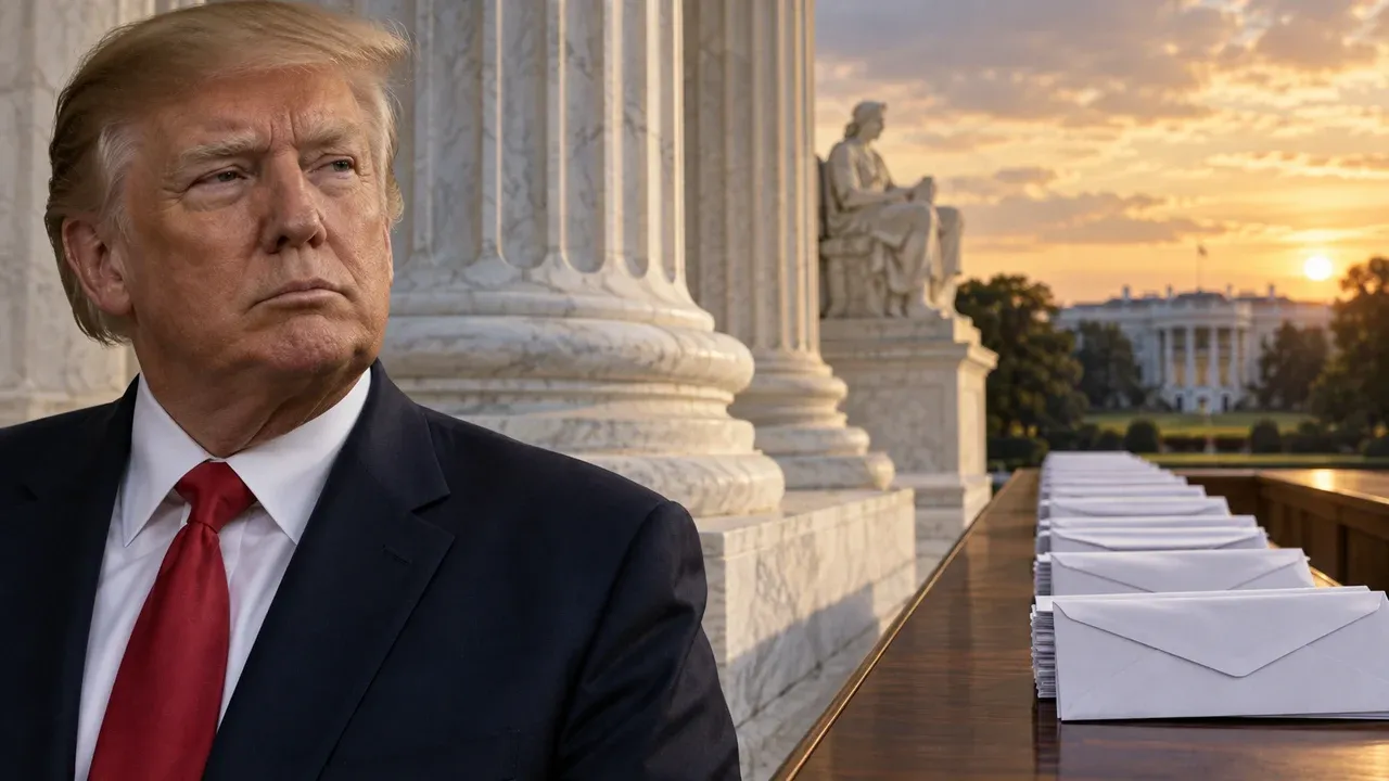 Editorial conceptual image of executive power checked by the judiciary, with Trump, courthouse columns, the White House, and sealed mail ballots.