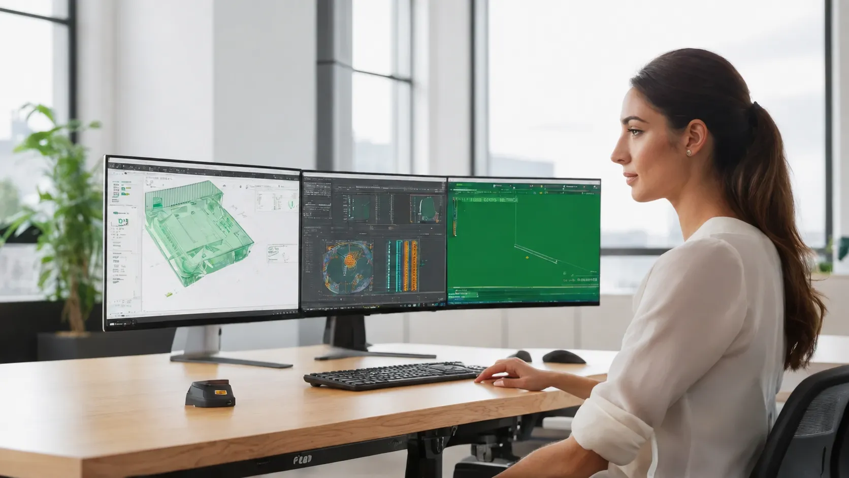 A cinematic wide shot of a modern, clean engineering workspace.