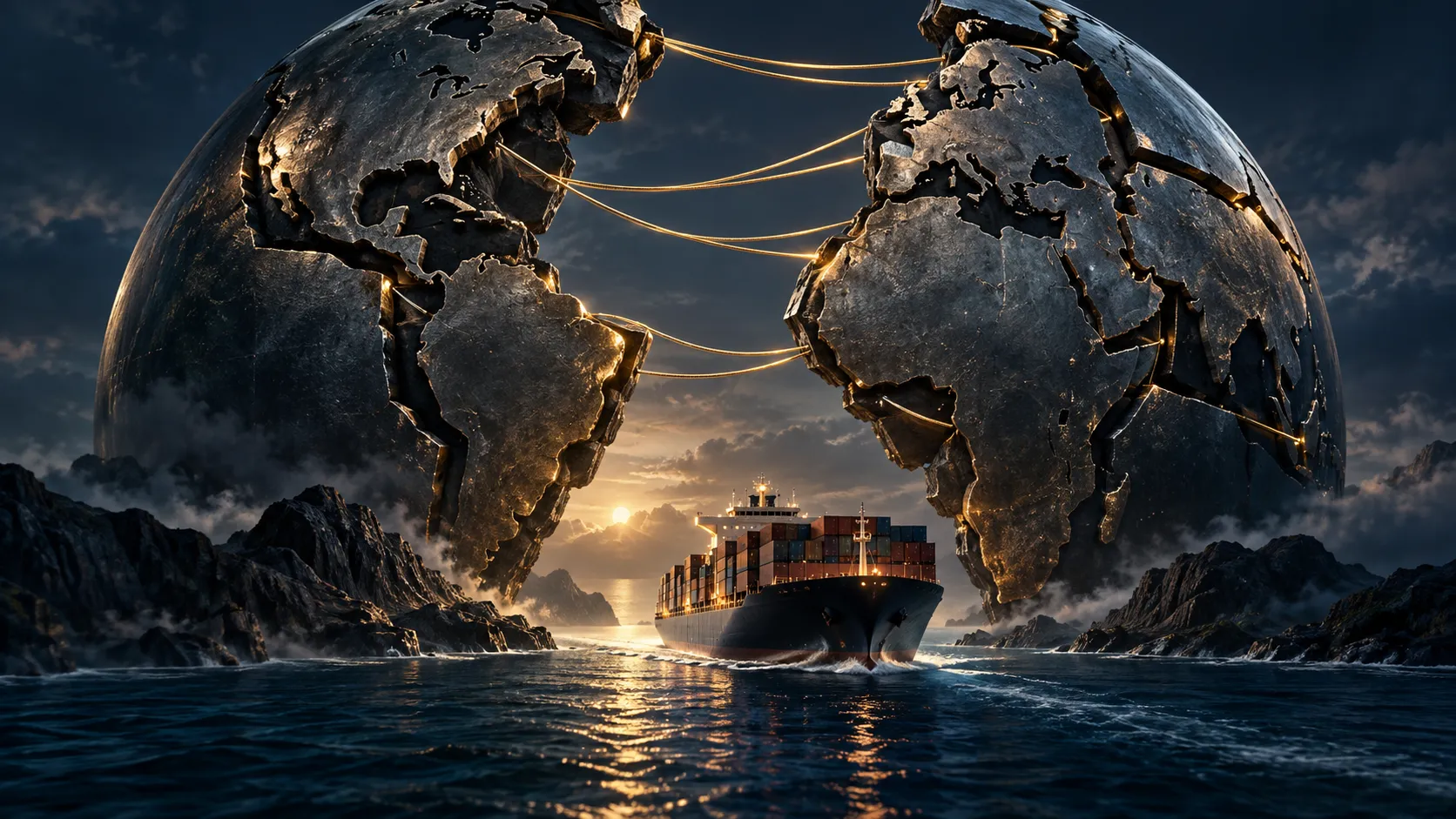 Editorial illustration of a fractured steel globe linked by golden trade routes, with a container ship passing between its continental halves.
