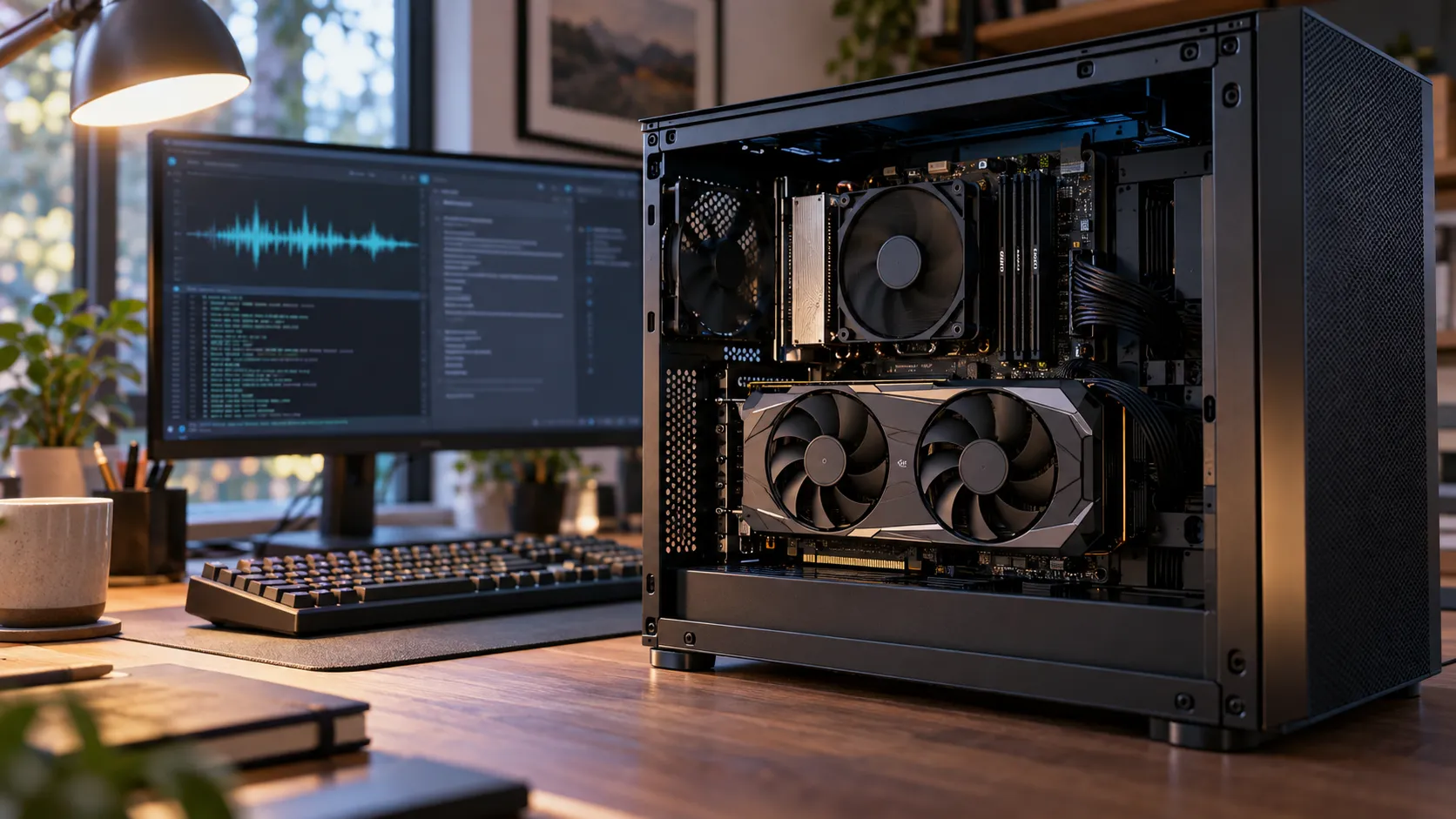 Editorial illustration of a compact consumer desktop with an open side panel revealing a correctly installed dual-fan GPU and neatly routed components.