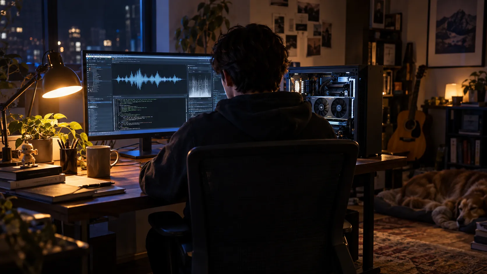 Editorial illustration of an independent developer running a local voice AI stack on a compact consumer desktop in a warmly lit home workshop.