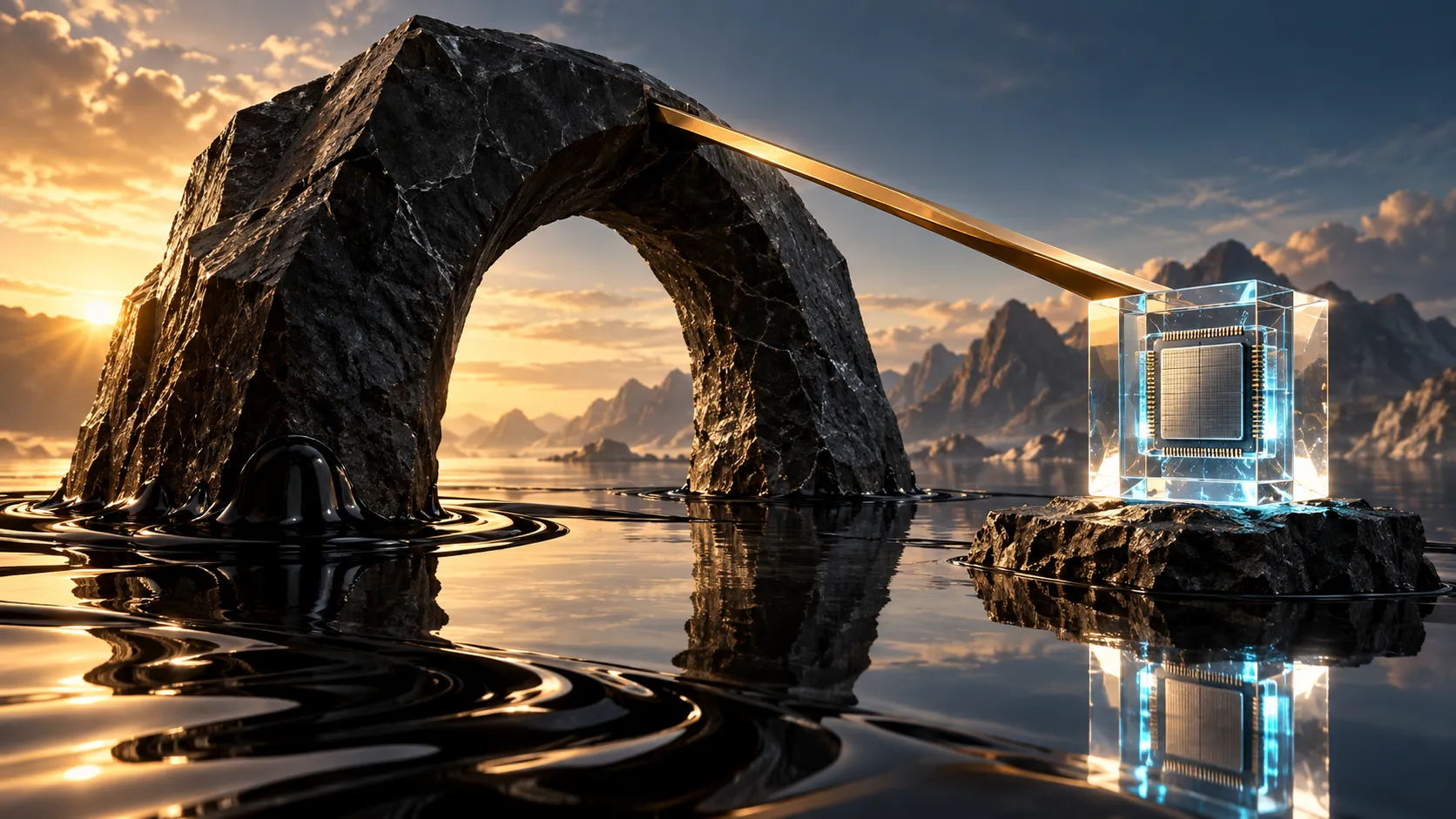 Editorial illustration of a glowing processor connected by a gold span to a massive oil-dark stone arch across reflective water.