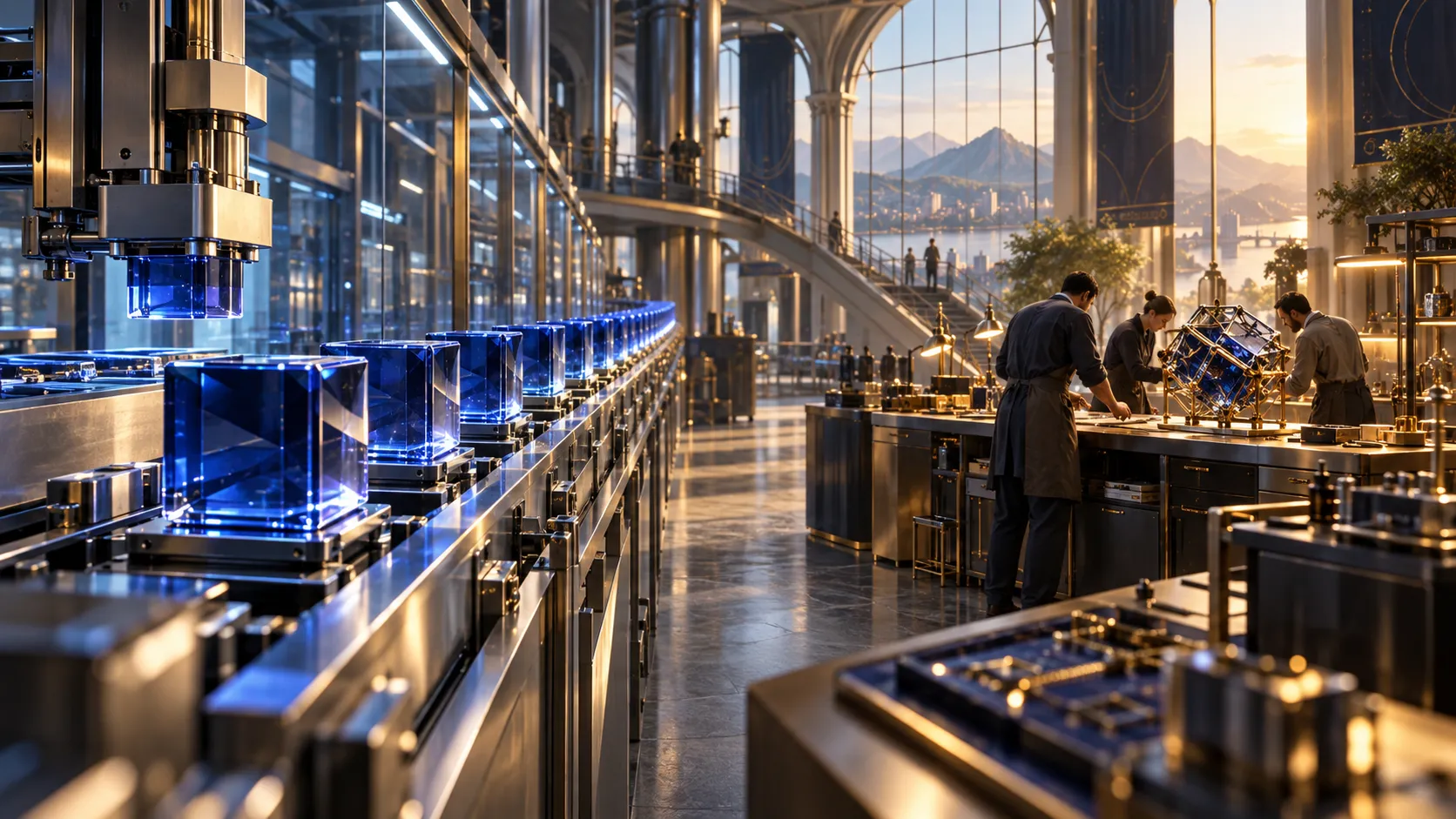 Editorial illustration contrasting an automated line of identical blue glass modules with human teams assembling a bespoke structure.