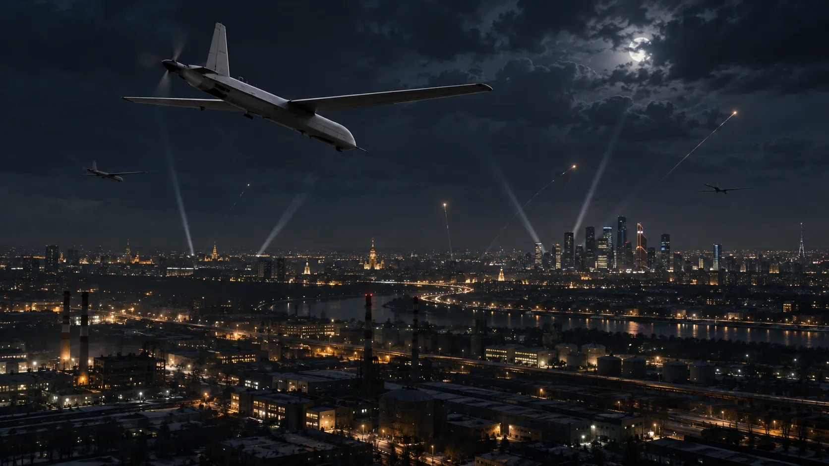 Editorial illustration of a mass long-range drone operation testing layered air defenses around Moscow.