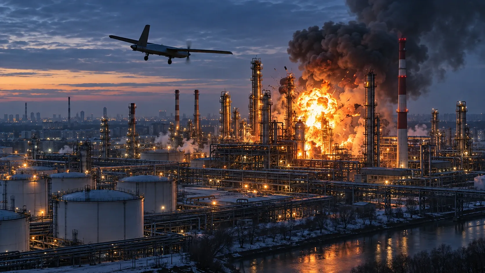 Editorial illustration of a drone strike on refinery infrastructure.