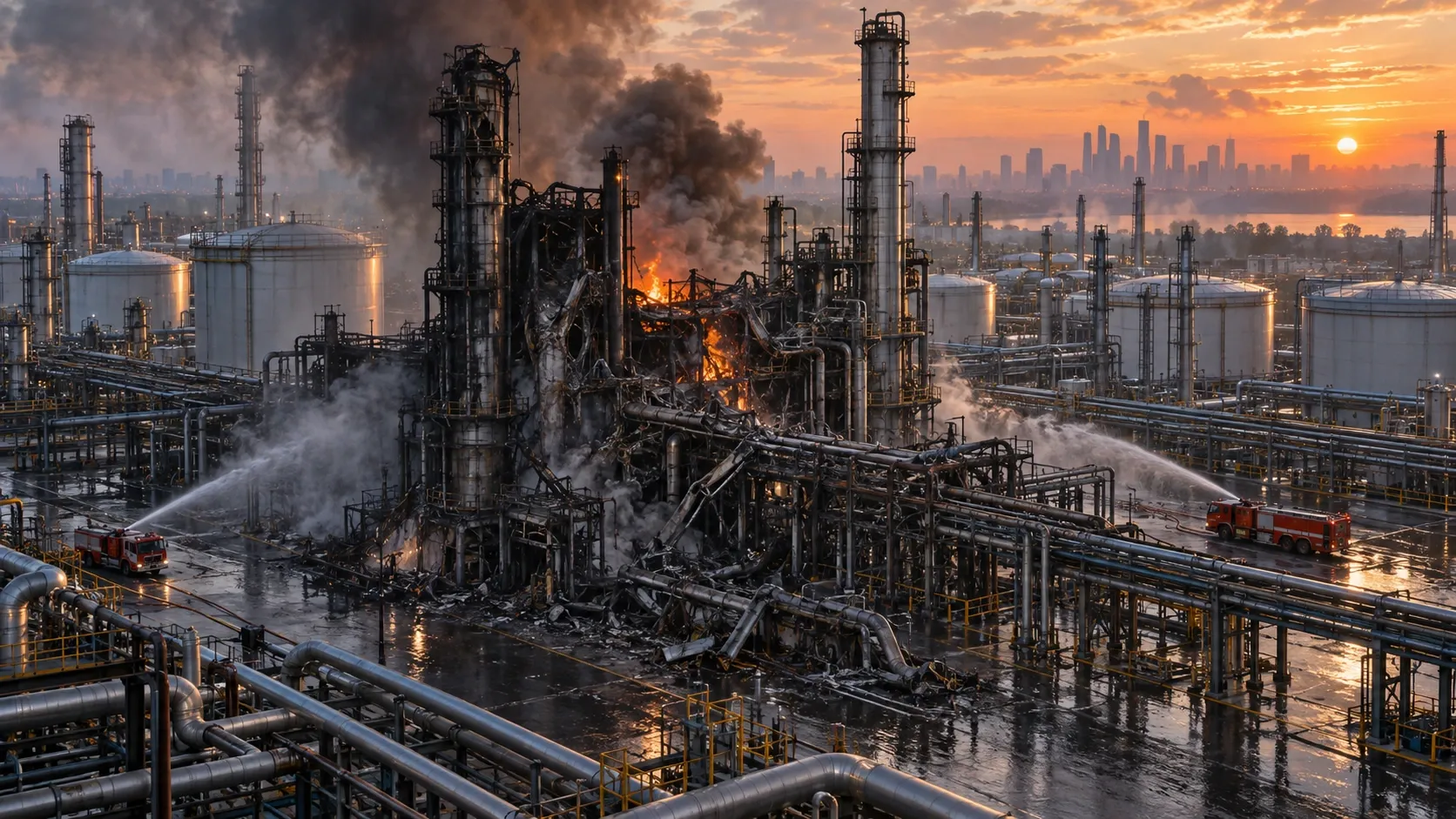 Editorial illustration of refinery damage and firefighting after a drone strike.