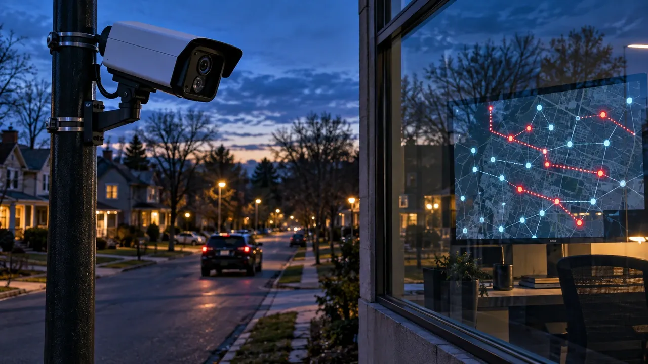 Editorial concept of a license-plate recognition camera and a secure audit workstation highlighting surveillance access oversight on a residential street at dusk.