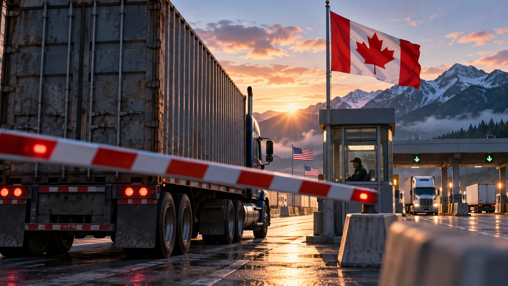 Freight trucks at a Canadian customs crossing beneath a Canadian flag, illustrating cross-border trade friction.