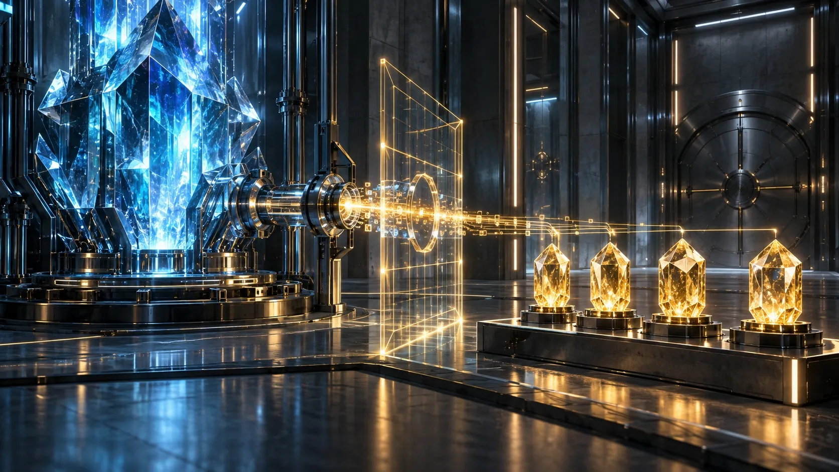 Signal 1: Conceptual AI security vault showing a large intelligence core distilling into smaller replicas.