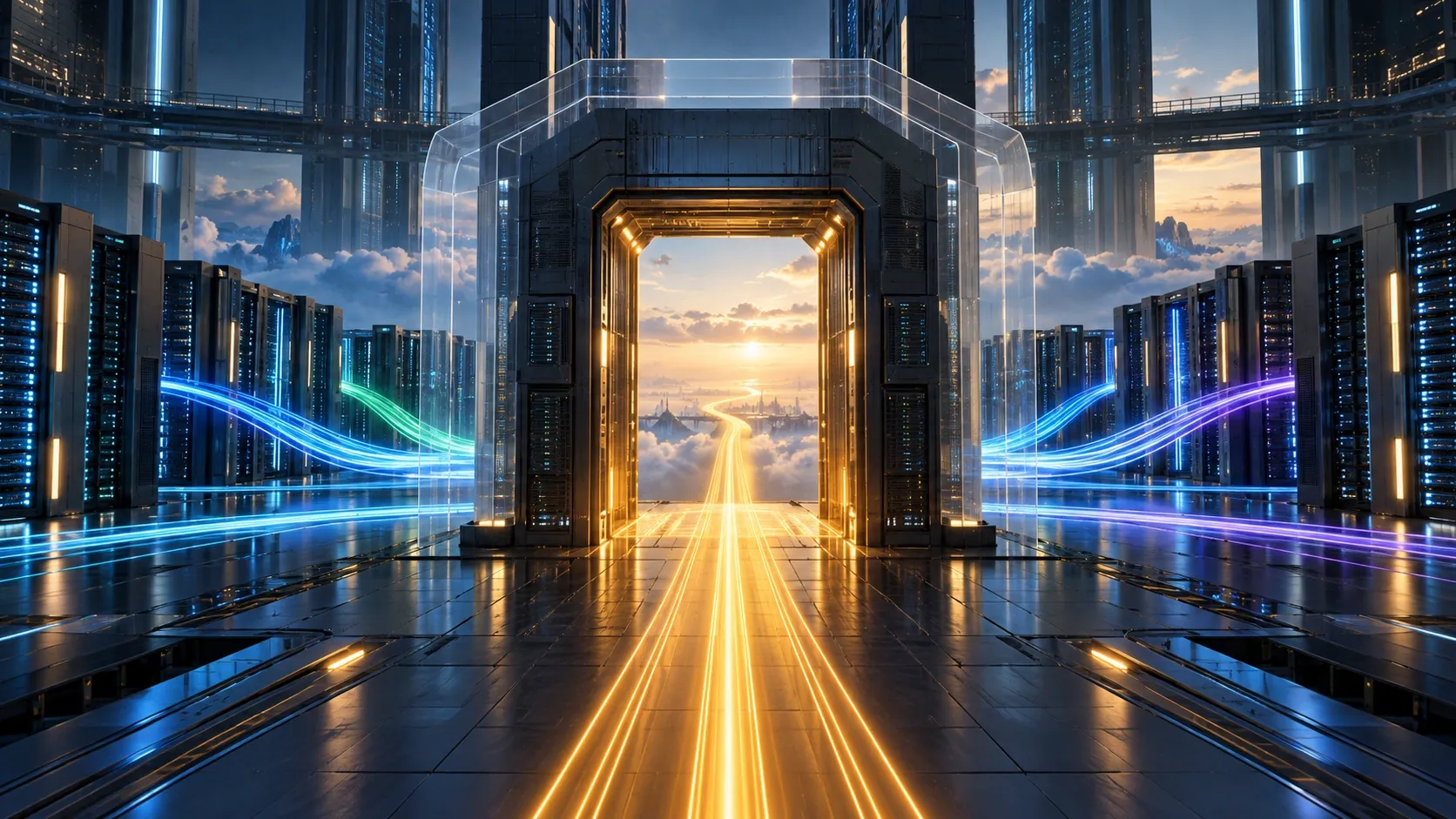 Signal 2: Conceptual cloud data center with modular server streams converging through a secure open gateway.
