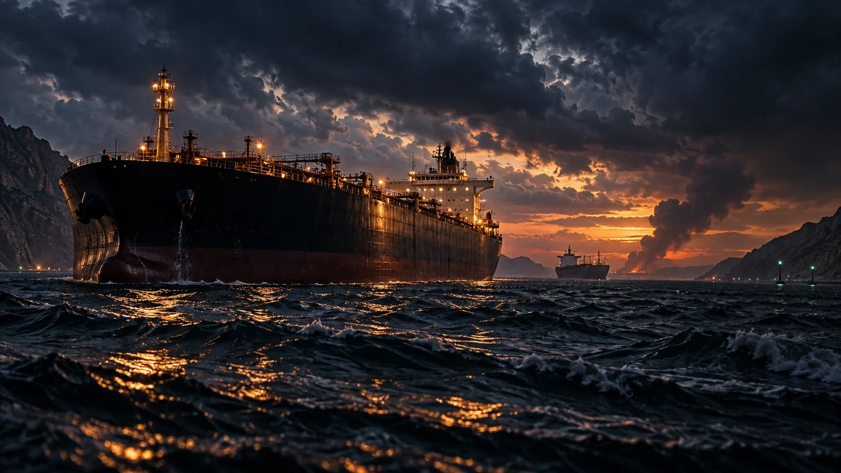 Signal 5: Editorial illustration of an oil tanker crossing a tense strategic strait at dusk.