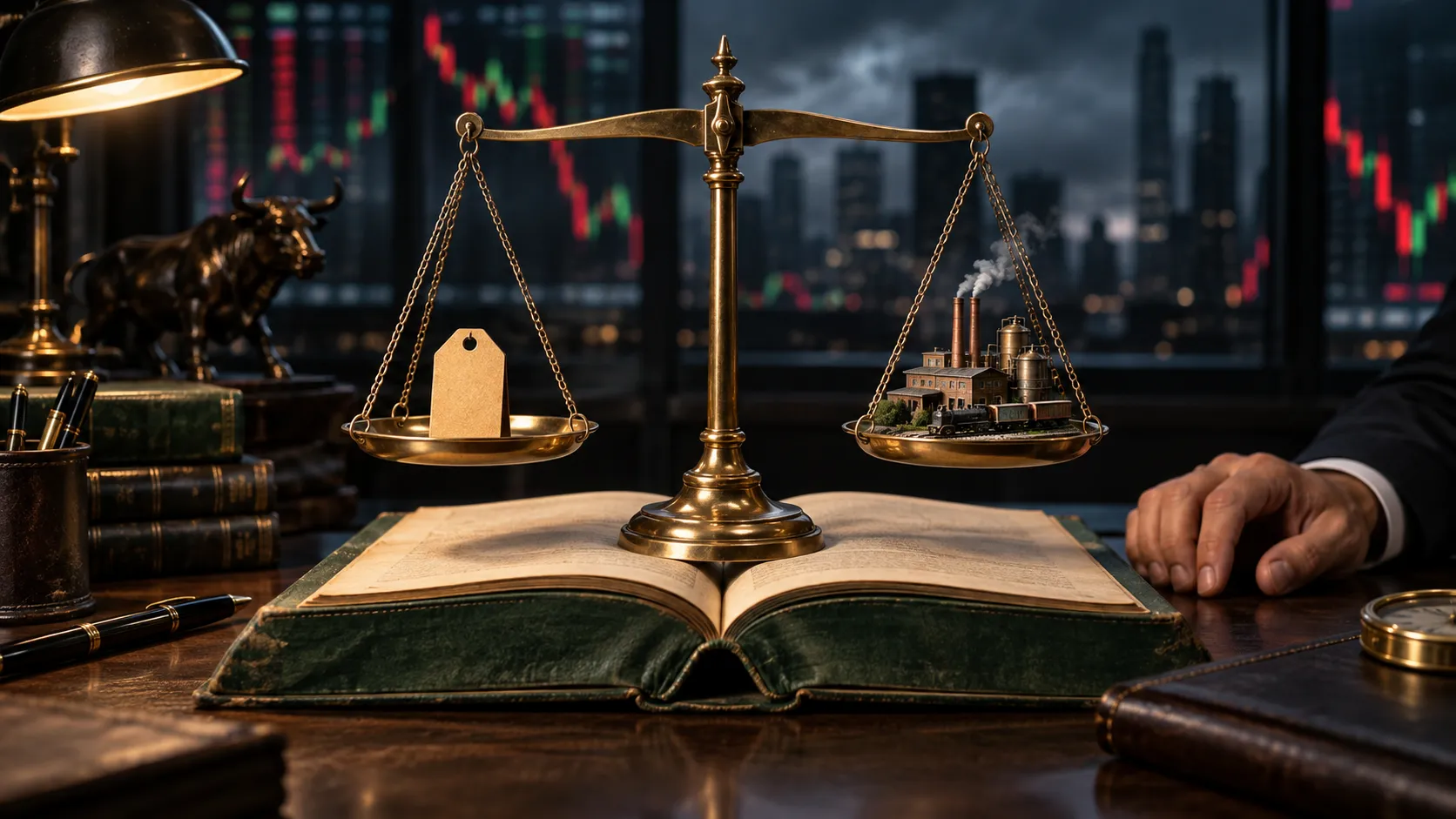 Signal 2: Benjamin Graham's value-investing principles visualized by a balanced brass scale weighing market price against productive business assets above an open financial volume.