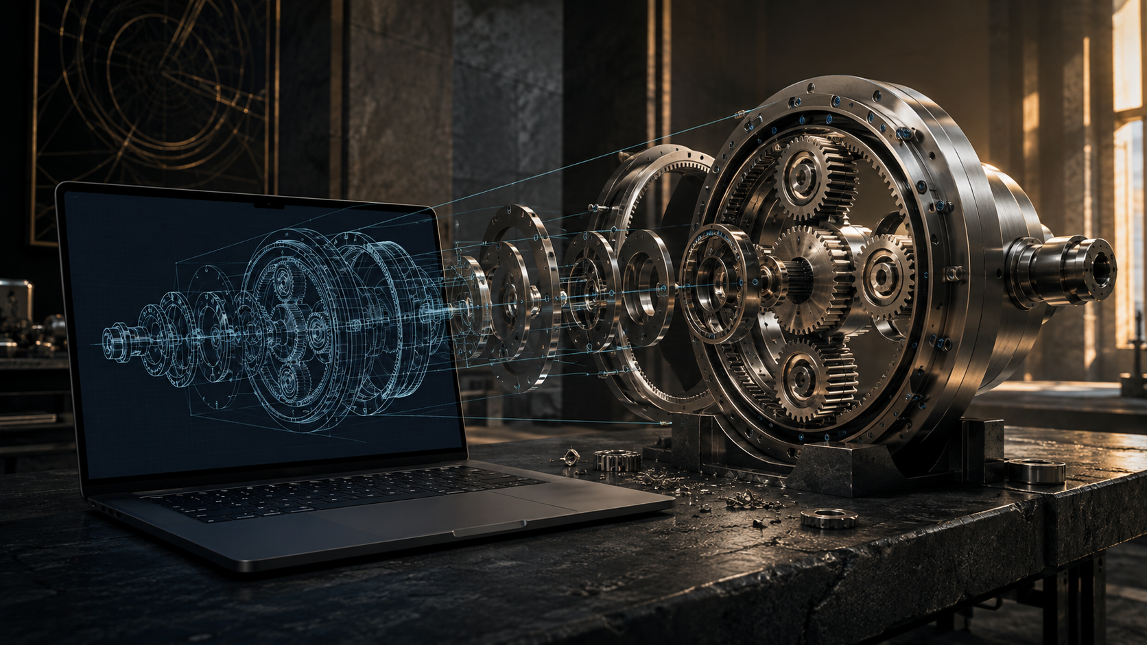 A MacBook Pro displays a CAD wireframe beside an exploded metal gear assembly in a sunlit workshop.