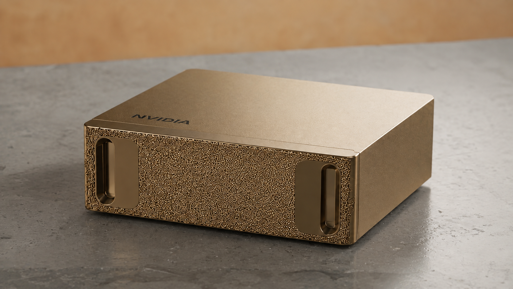 Champagne-gold NVIDIA DGX Spark computer on a concrete workbench.
