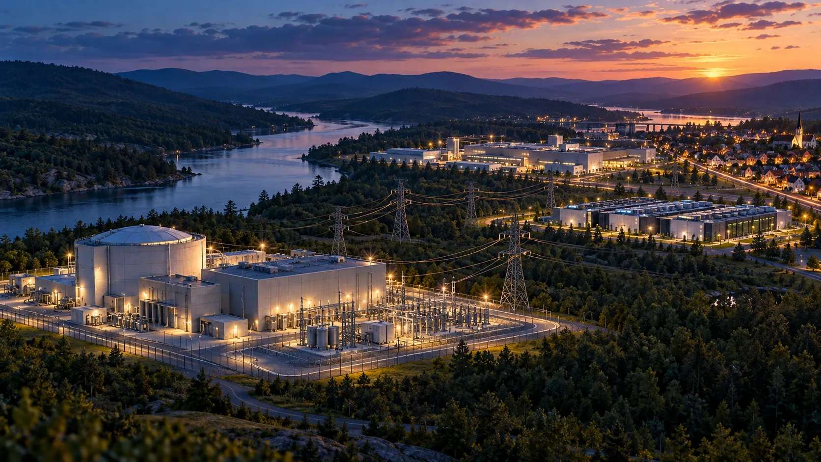 A possible early-2030s landscape: modular nuclear power connecting industry, data centers, and a nearby community.
