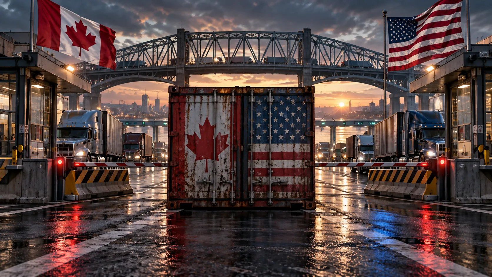 Editorial illustration of freight and customs controls at the Canada-U.S. border.