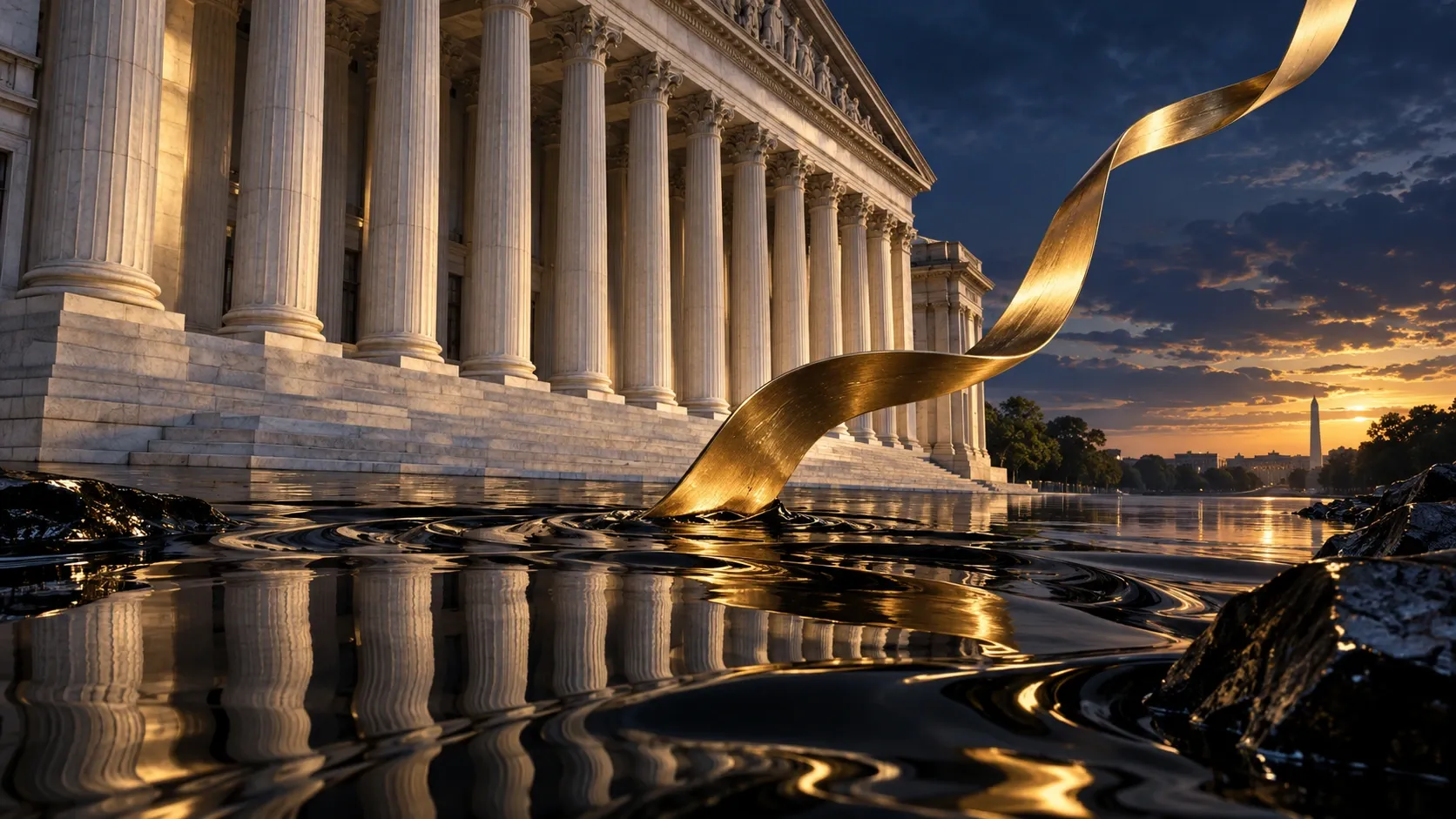 Conceptual editorial illustration of Treasury-inspired stone columns, an oil reflection, and an abstract rising gold ribbon.