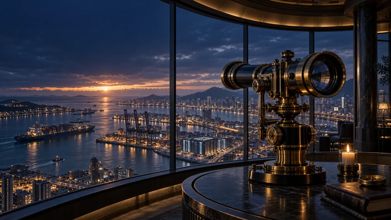 Weekly Nexus editorial illustration: a precision optical instrument overlooks interconnected port and city infrastructure.