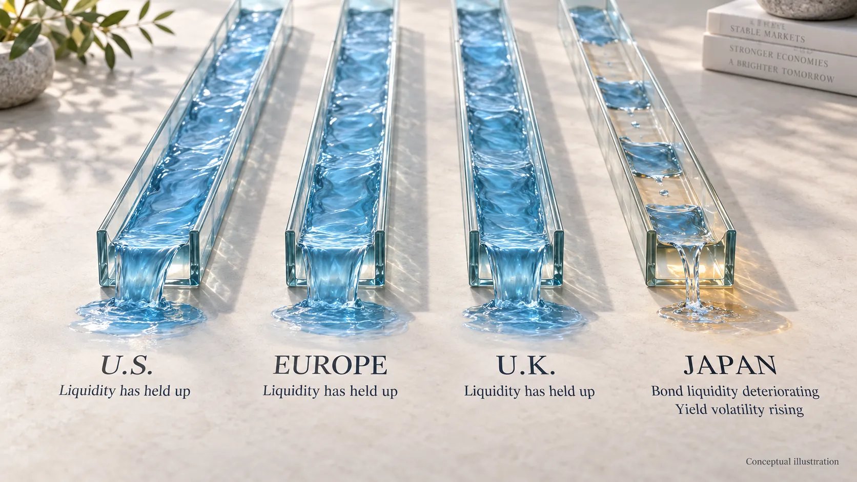 Liquidity has held up in the U.S., Europe and the U.K., while Japan’s government bond market has become less liquid as yield volatility has risen.