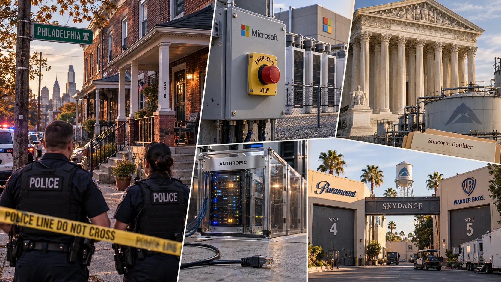 The Philadelphia ambush, AI safety proposals and containment measures, climate litigation, and Skydance merger highlight structural adjustments across public safety, technology, law, and medi