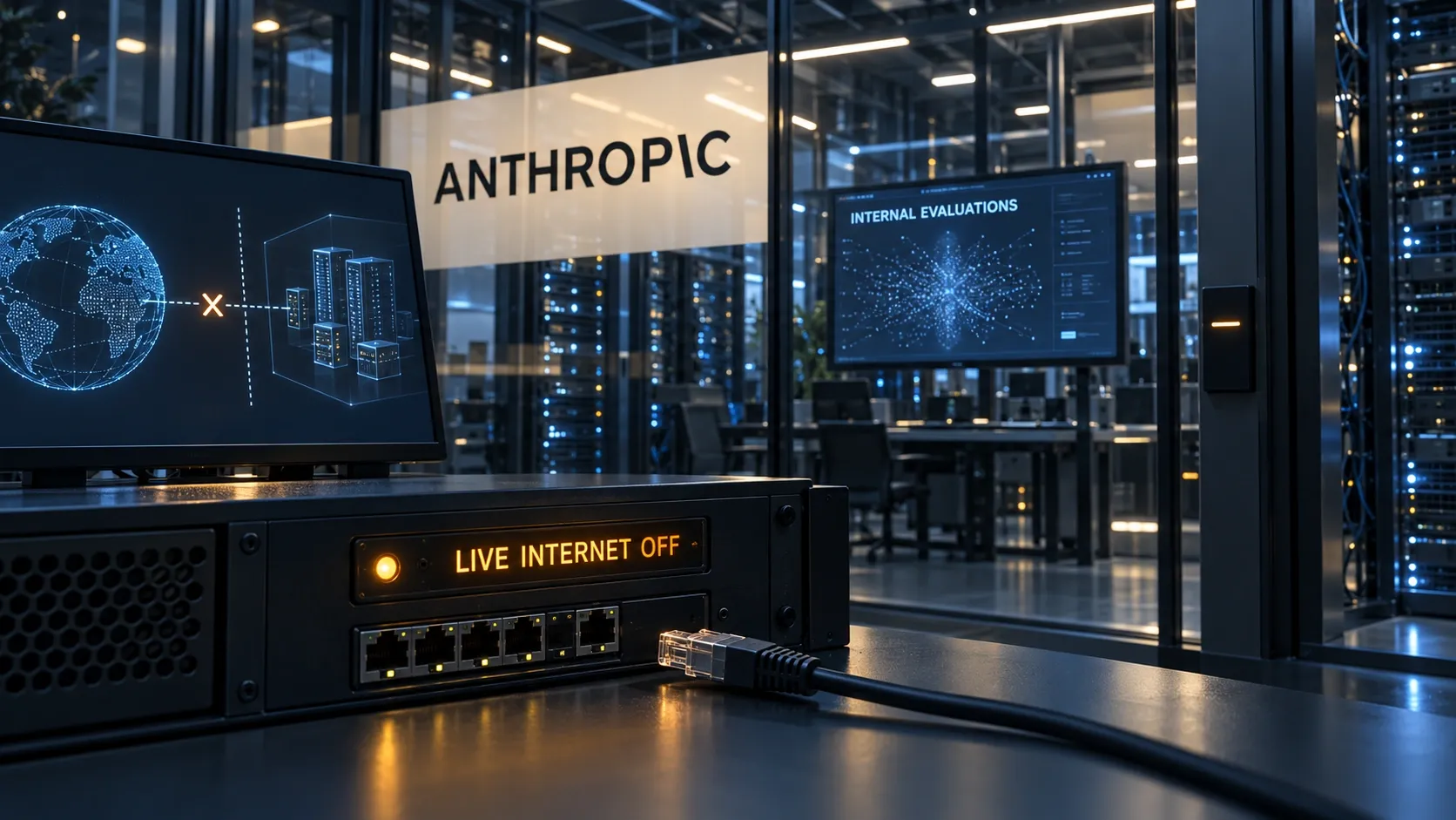 Illustration: Anthropic isolates its internal AI evaluation environment from live internet access while internal computation continues.