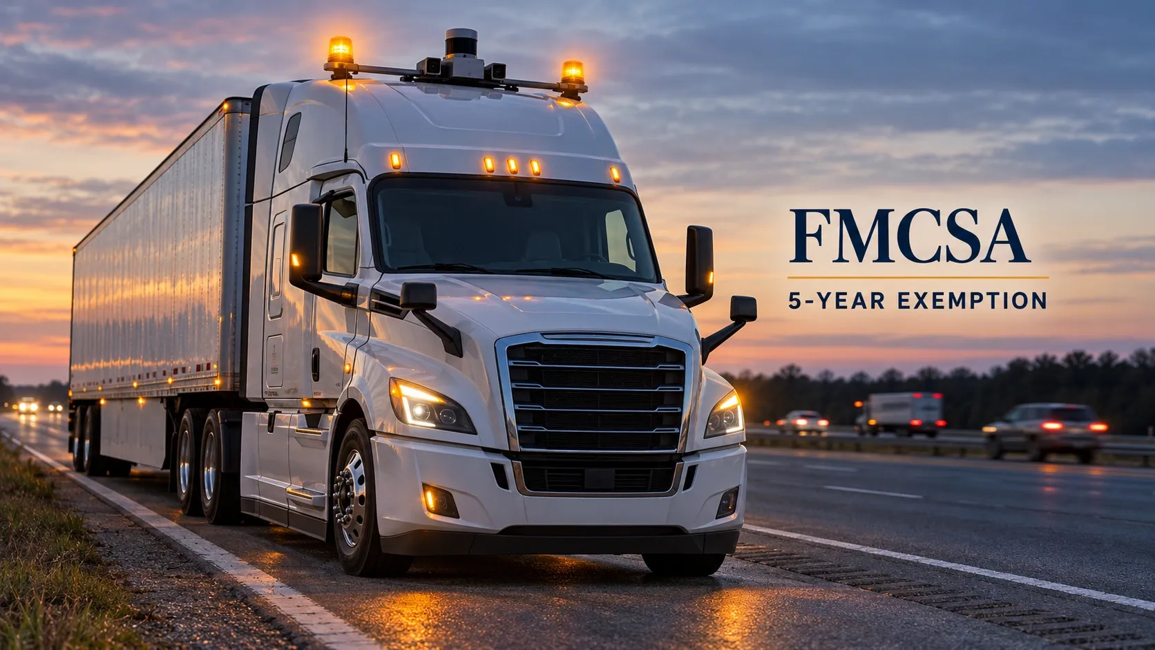 Illustration: a driverless freight truck with elevated amber beacons, reflecting FMCSA's five-year roadside warning-device exemption.