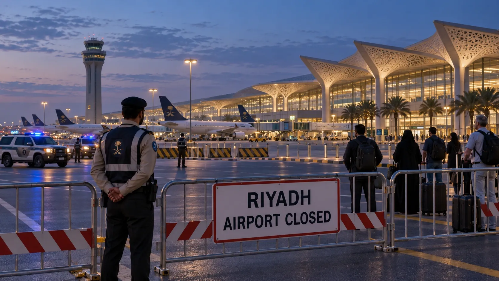Illustration: A conceptual view of an airport closure in Riyadh, focusing on civilian aviation disruption and the emergency response.
