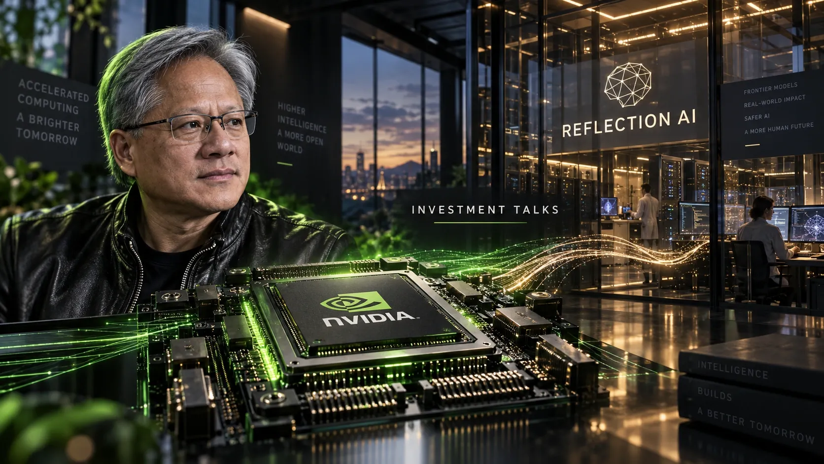 Illustration: Jensen Huang, Nvidia’s chip technology and Reflection AI represent ongoing talks over a deeper investment or potential acquisition.