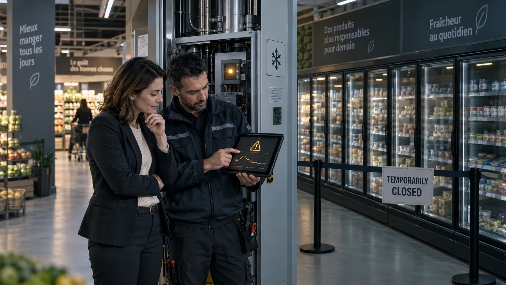 Illustration of a supermarket manager and refrigeration technician assessing an outage beside temporarily closed refrigerated cases.