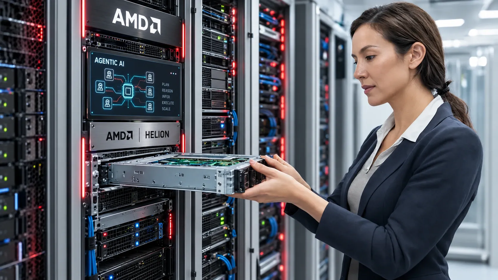 Illustration: AMD Helion and open rack infrastructure connect CPU orchestration with agentic AI workloads.