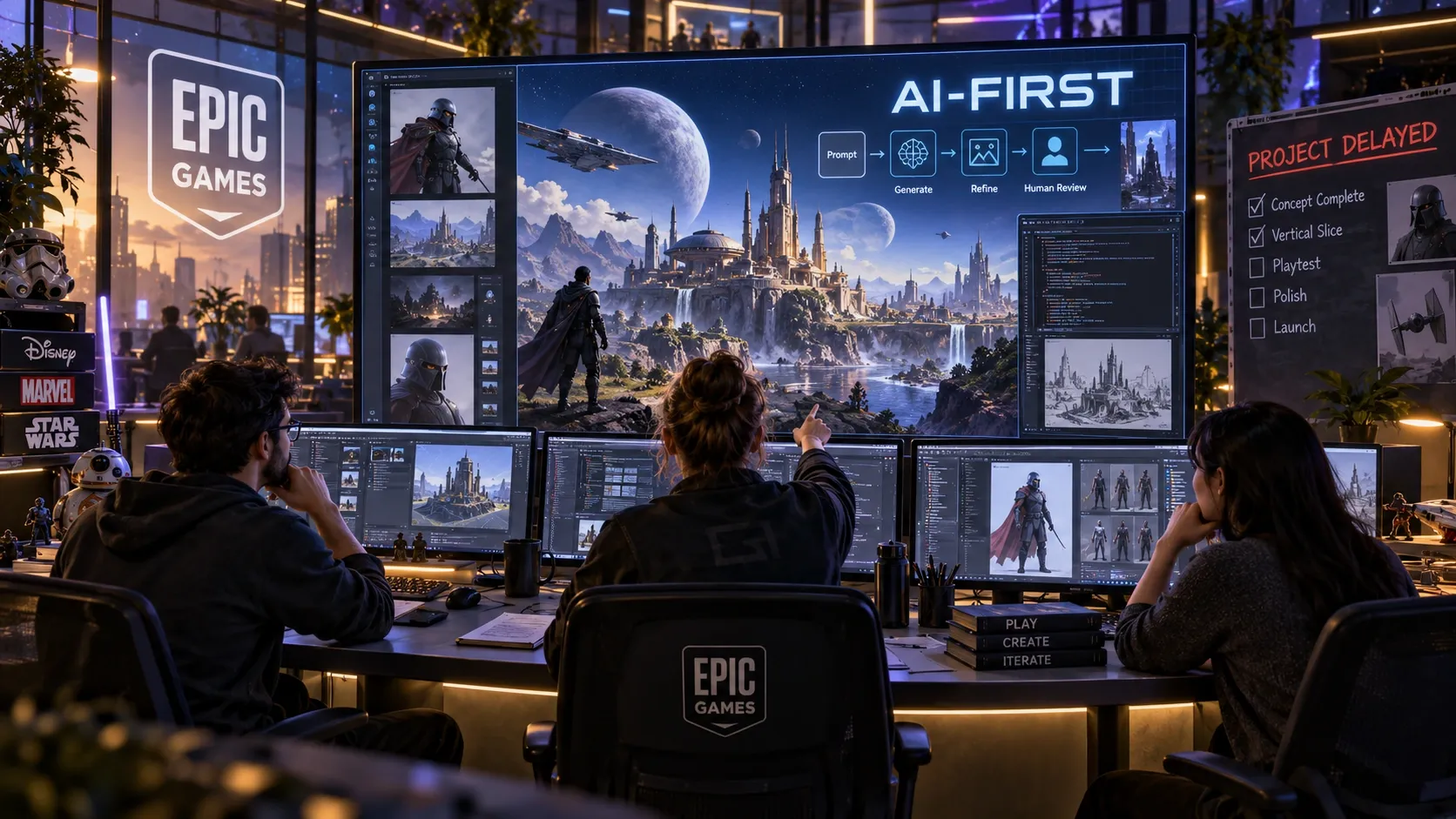 Illustration: Epic’s AI-first workflow and human review, shown in an imagined studio for its Disney-backed game project.