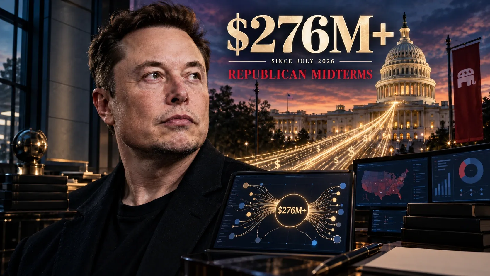 Illustration: Musk’s reported $276 million-plus in Republican donations since July highlights the scale of private money entering the 2026 midterm campaigns.