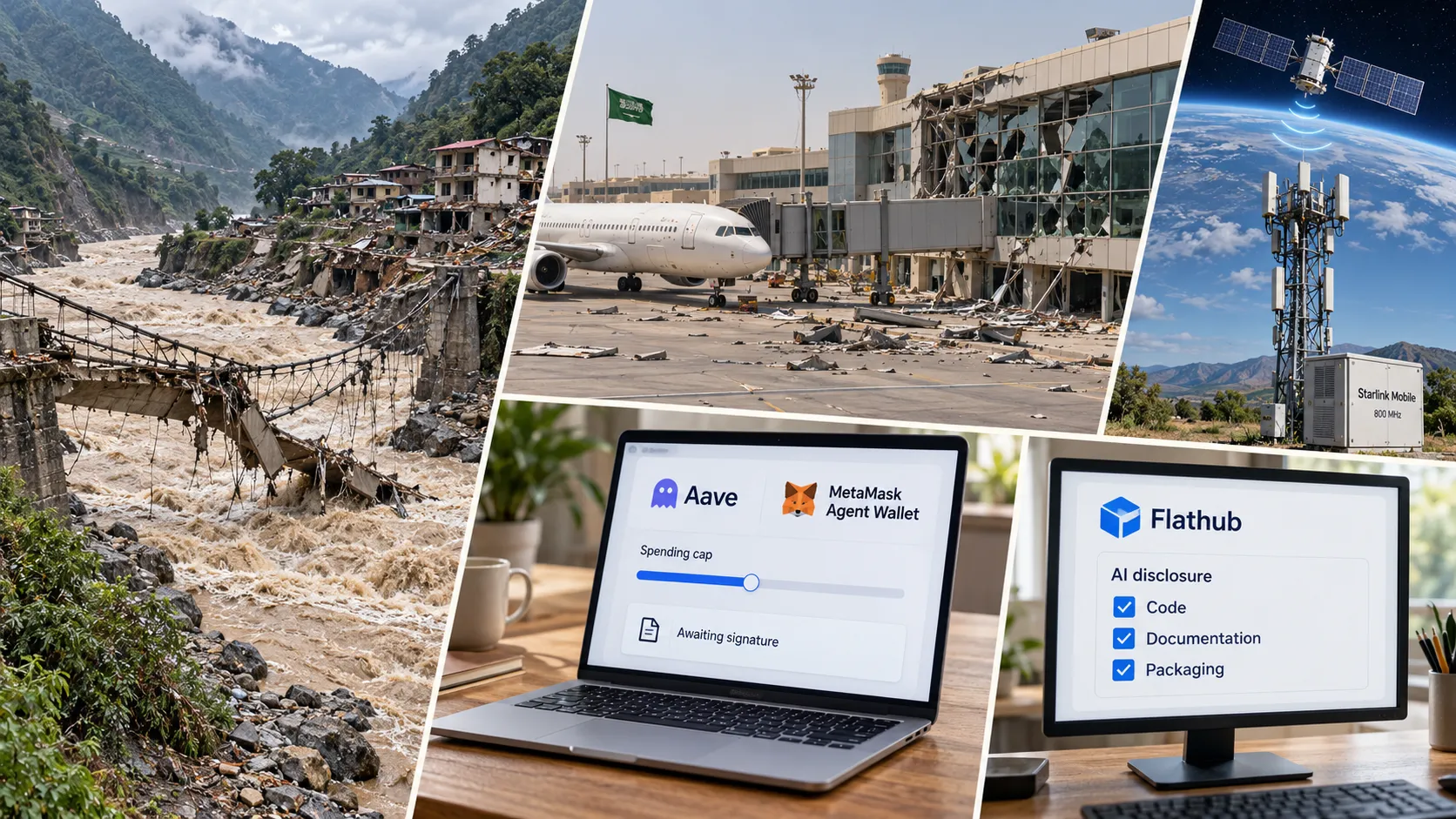 Nepal’s flood damage, Saudi airport strikes, SpaceX’s spectrum agreement, Aave’s agent-wallet integration and Flathub’s disclosure policy mark five independent shifts in infrastructure, secur