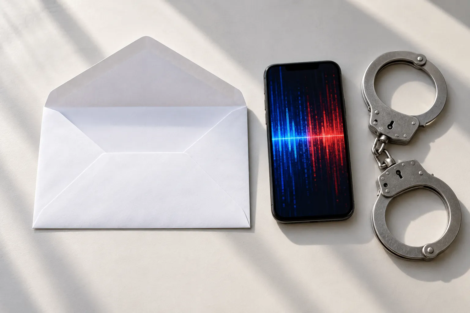 A flat-lay editorial shot of an open legal envelope and closed handcuffs resting on a desk next to a smartphone displaying abstract digital code patterns.