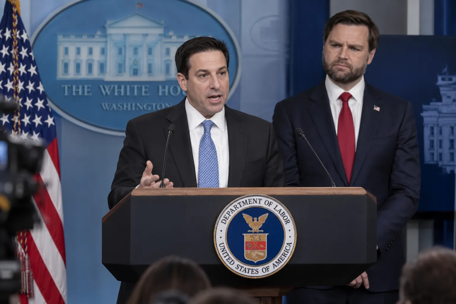 Labor Secretary Keith Sonderling and Vice President JD Vance announced a suspension of Microsoft and Adobe from the PERM program during a White House press briefing on October 8.