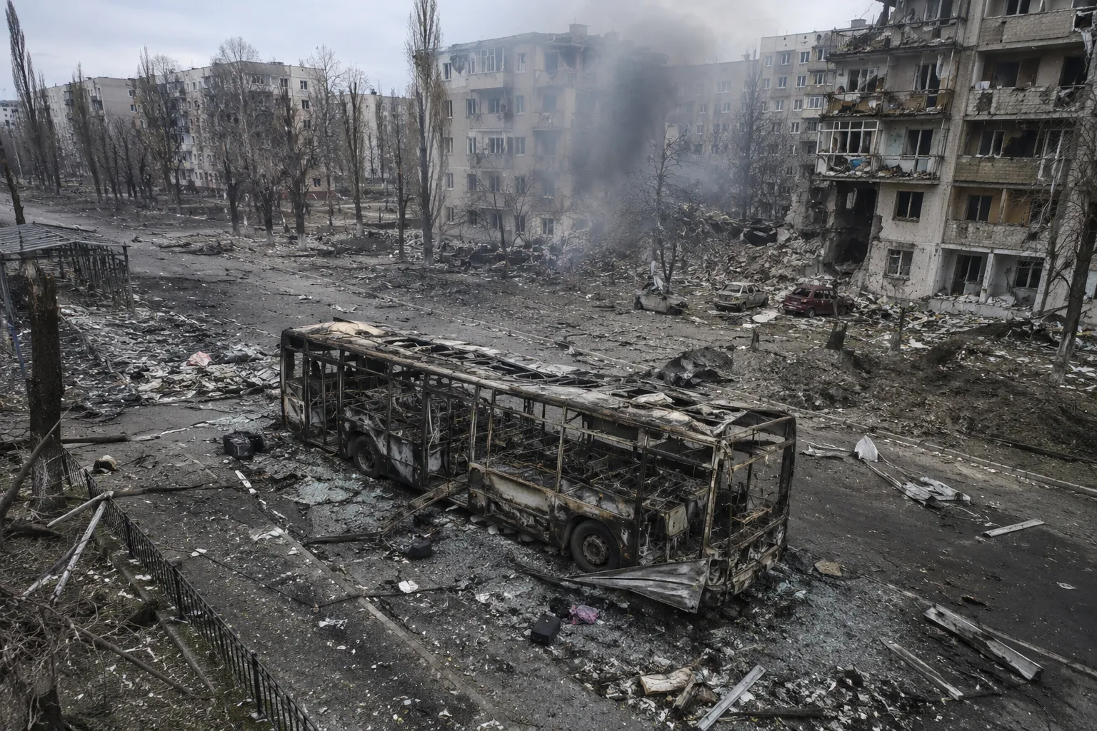 The charred remains of a public bus in Kramatorsk illustrate the escalating use of glide bombs and jet-powered drones by Moscow to target civilian infrastructure.