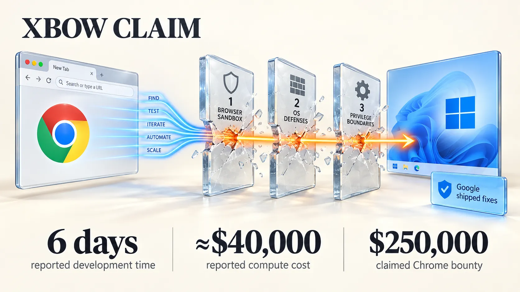 XBOW claimed a $250,000 Chrome bounty for an AI-assisted exploit built in six days using about $40,000 in compute; Google shipped fixes for the vulnerabilities.