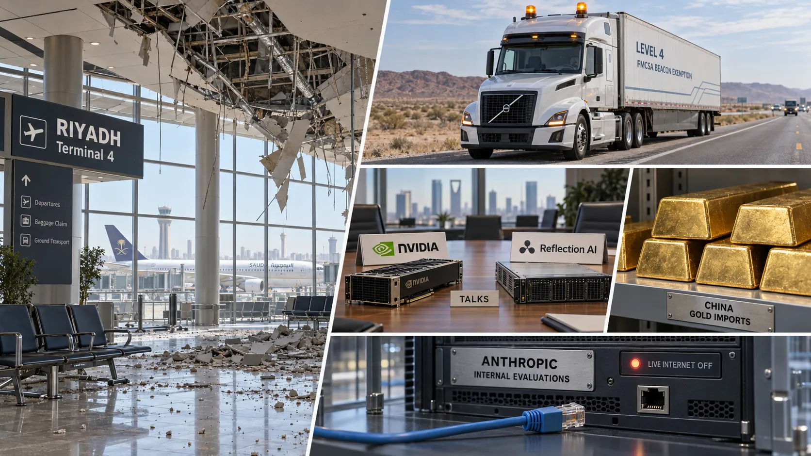 Airport strikes, autonomous-truck rules, AI investment talks, record Chinese gold buying and tighter AI evaluation controls reveal institutions adapting under pressure.