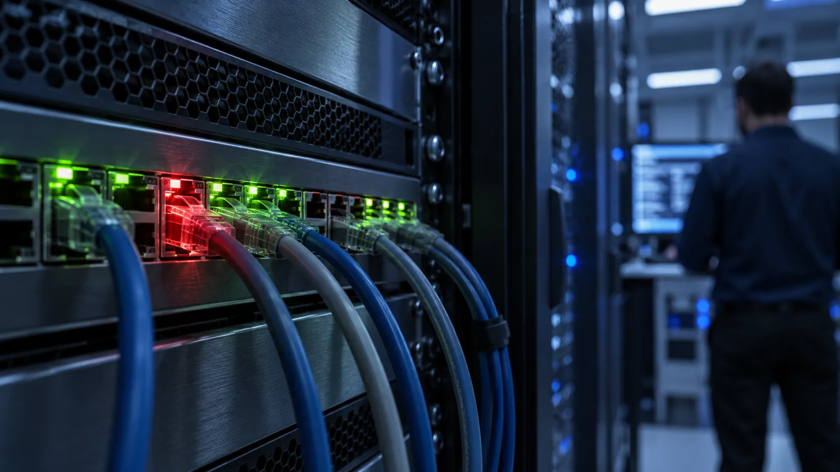 A security engineer monitors a network switch in a data center as one port flashes red to block unsafe connections while others remain active green.