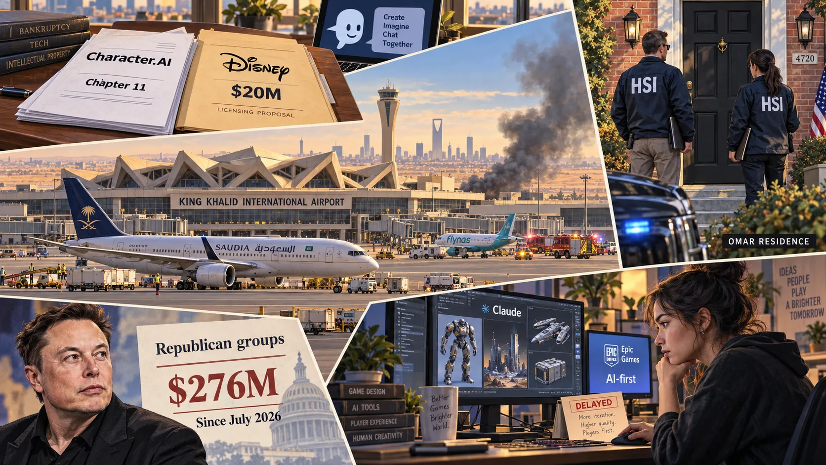 The report brings together AI-sector restructuring, a federal residential search, airport strikes, changes in game production and unequal political financing as signals of institutional press
