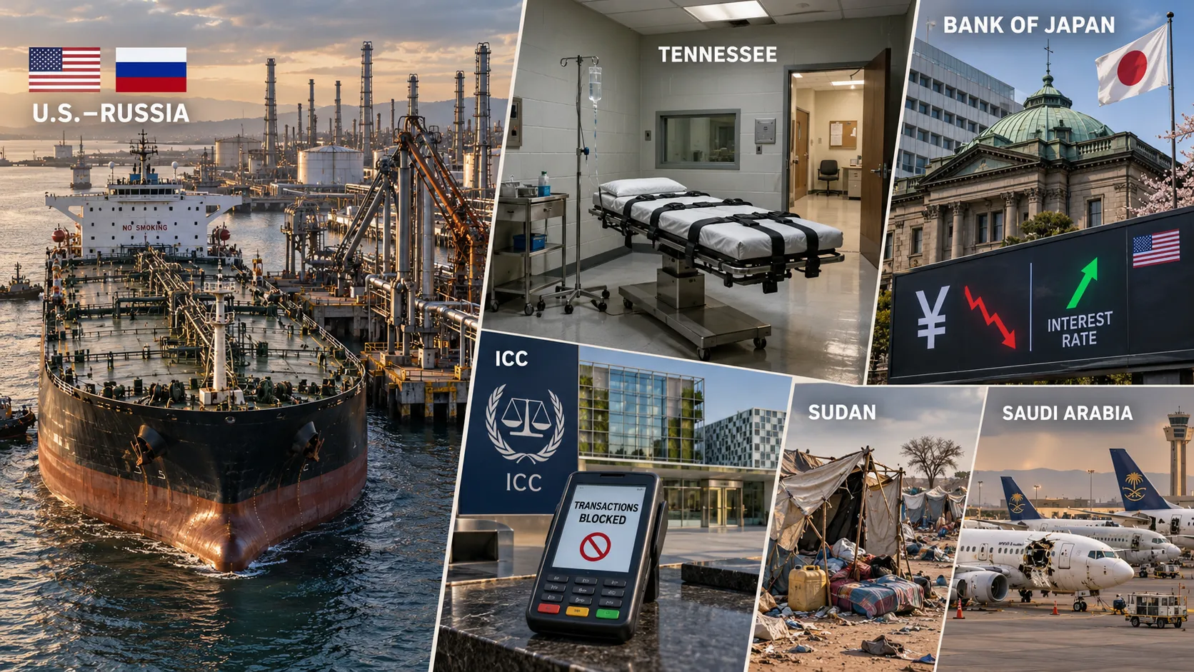 Energy-sanctions erosion, Tennessee’s execution protocol failure, pressure on Japanese monetary policy, ICC sanctions and attacks in Sudan and Saudi Arabia illustrate the edition’s account of
